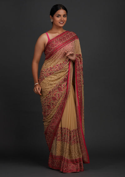 Gold Swarovski Georgette Designer Saree - Koskii