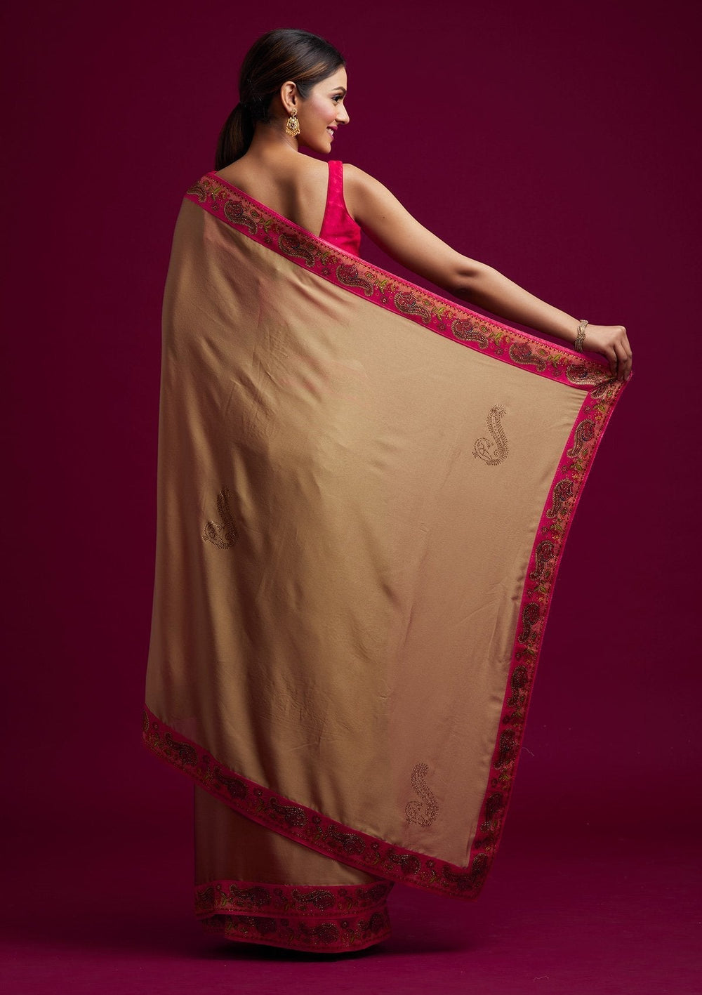 Gold Swarovski Semi Crepe Designer Saree - koskii