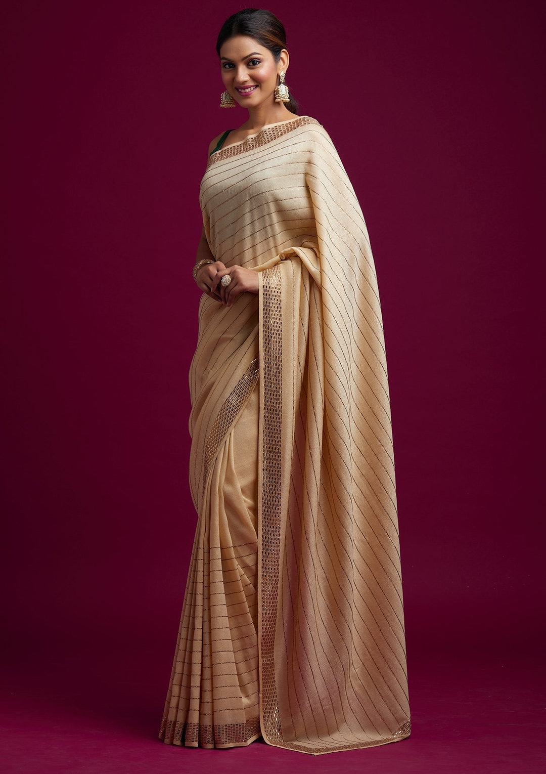 Gold Swarovski Shimmer Designer Saree - koskii