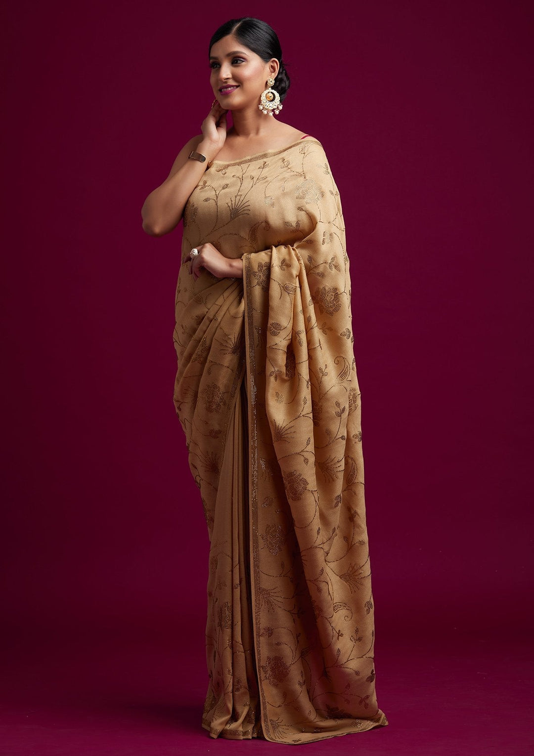 Gold Swarovski Shimmer Designer Saree - koskii