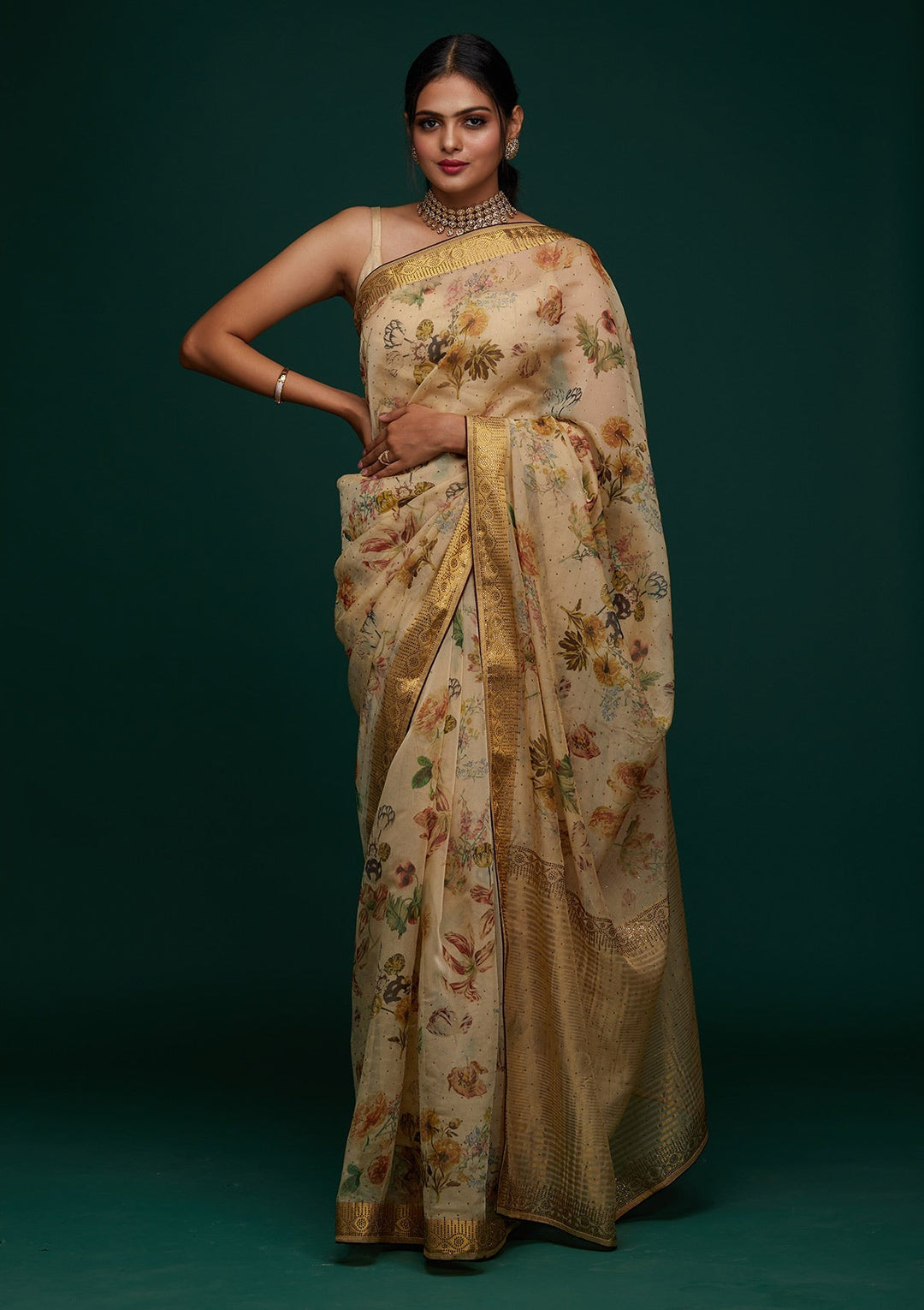 Gold Swarovski Tissue Designer Saree - Koskii
