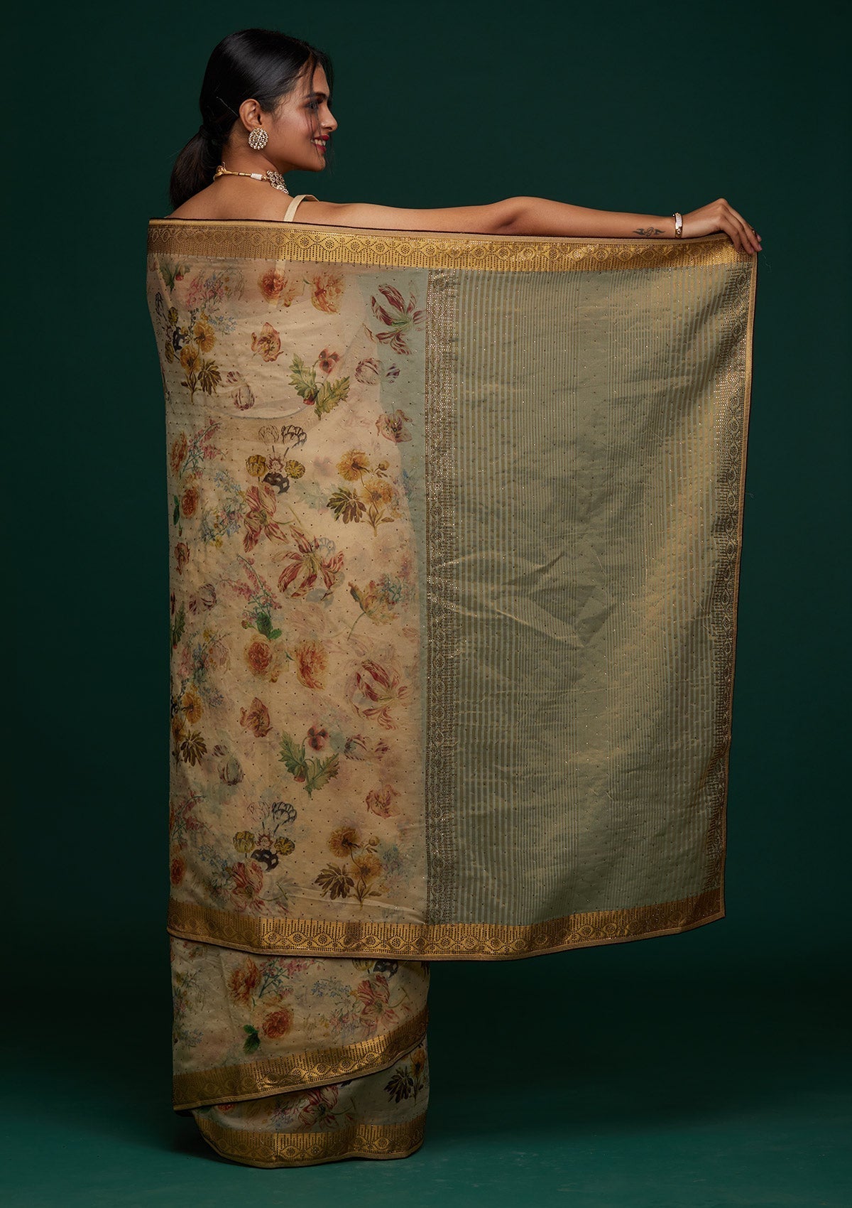 Gold Swarovski Tissue Designer Saree - Koskii