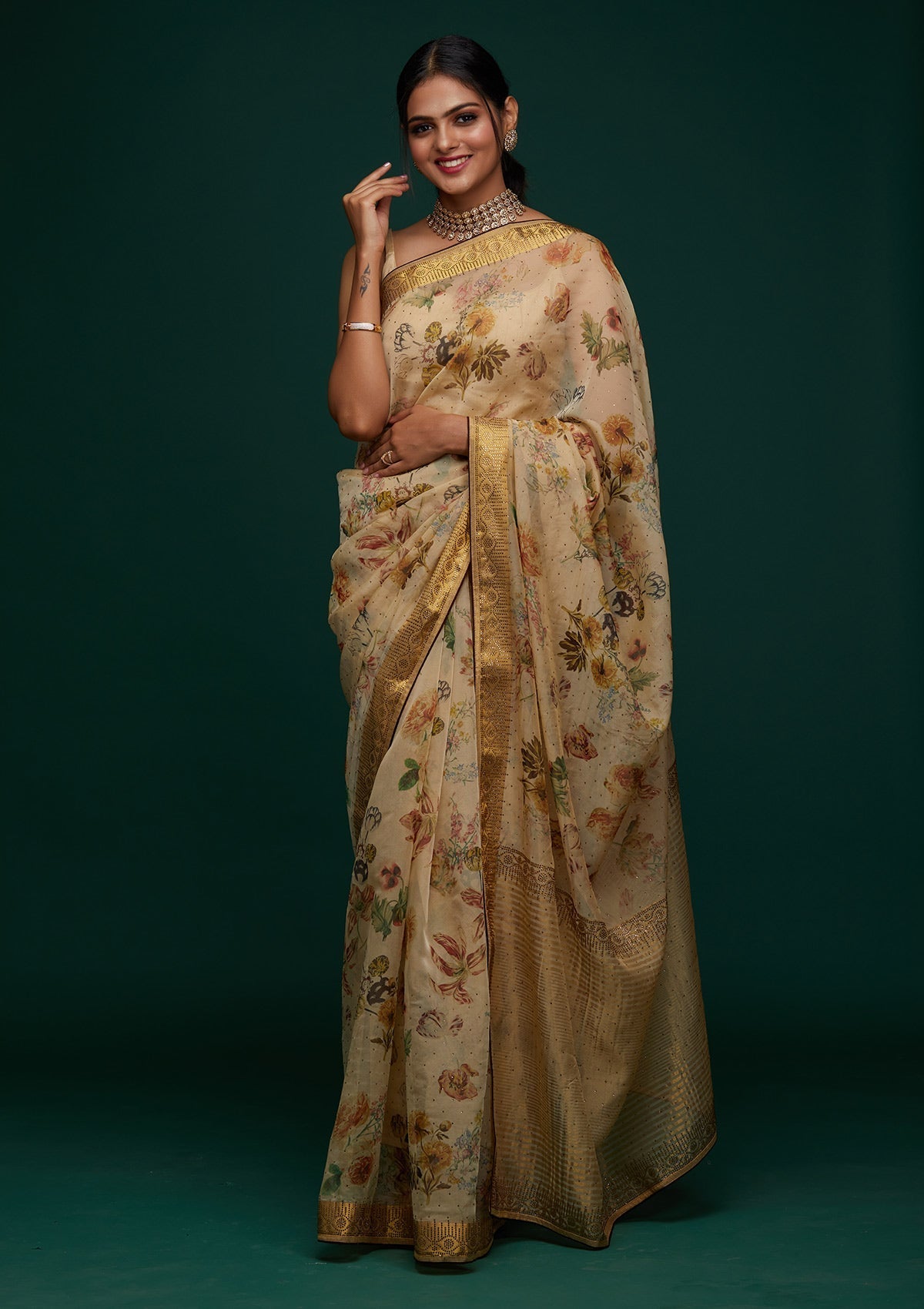 Gold Swarovski Tissue Designer Saree - Koskii