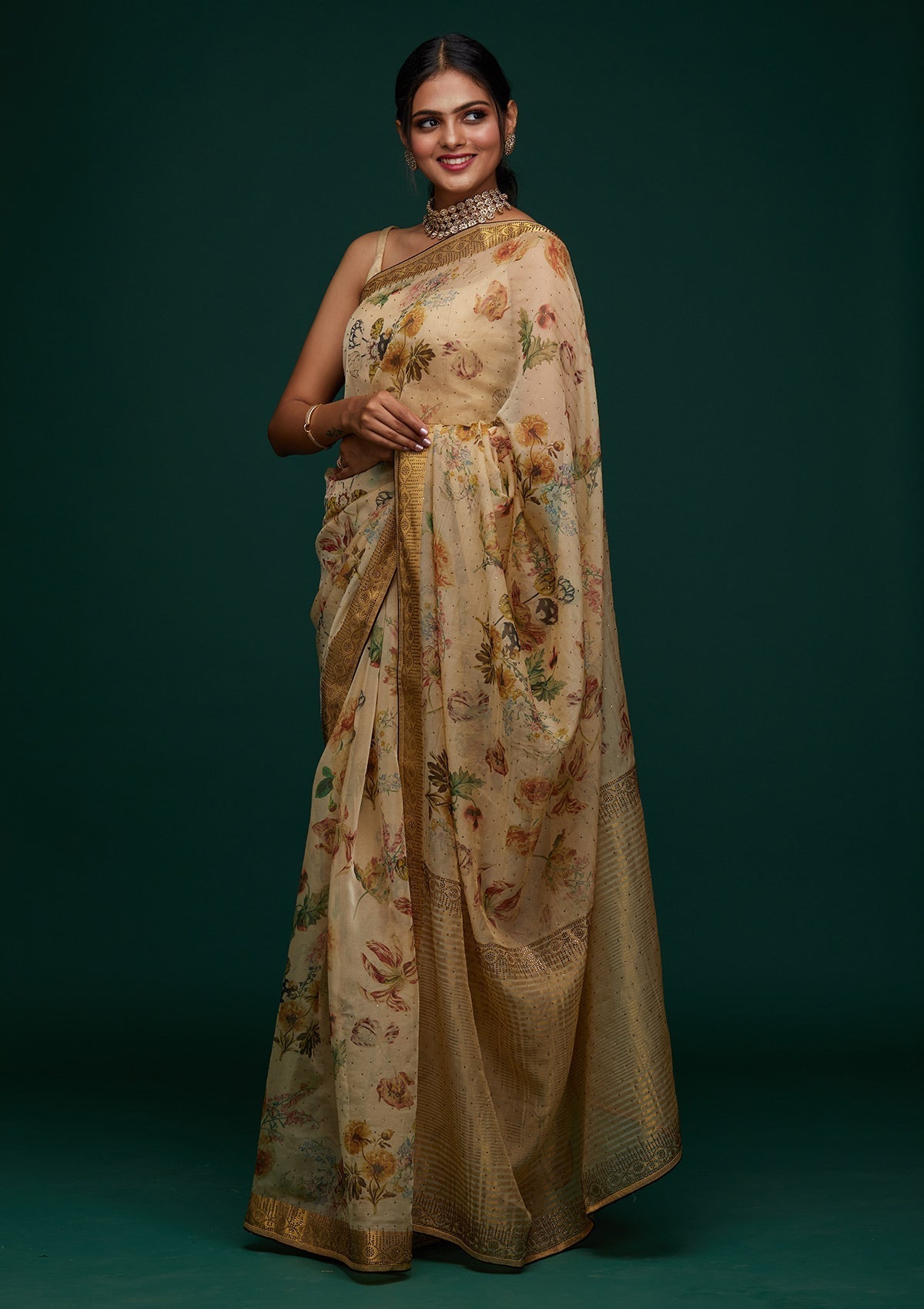 Gold Swarovski Tissue Designer Saree - Koskii