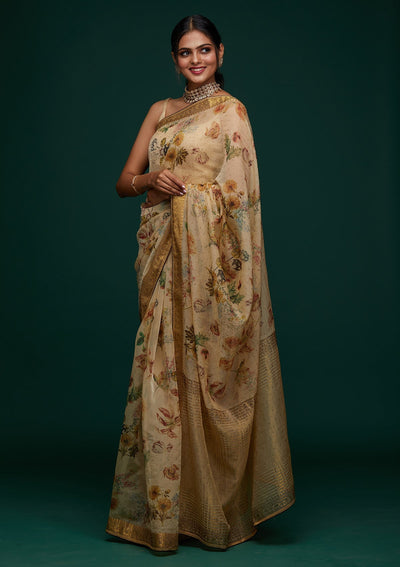 Gold Swarovski Tissue Designer Saree - Koskii