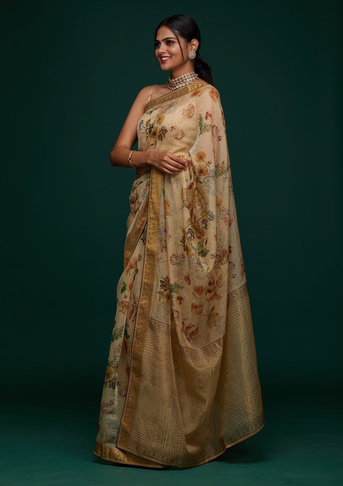 Gold Swarovski Tissue Designer Saree - Koskii