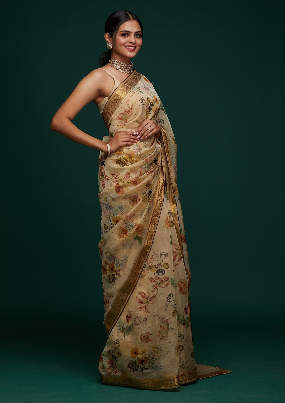 Gold Swarovski Tissue Designer Saree - Koskii