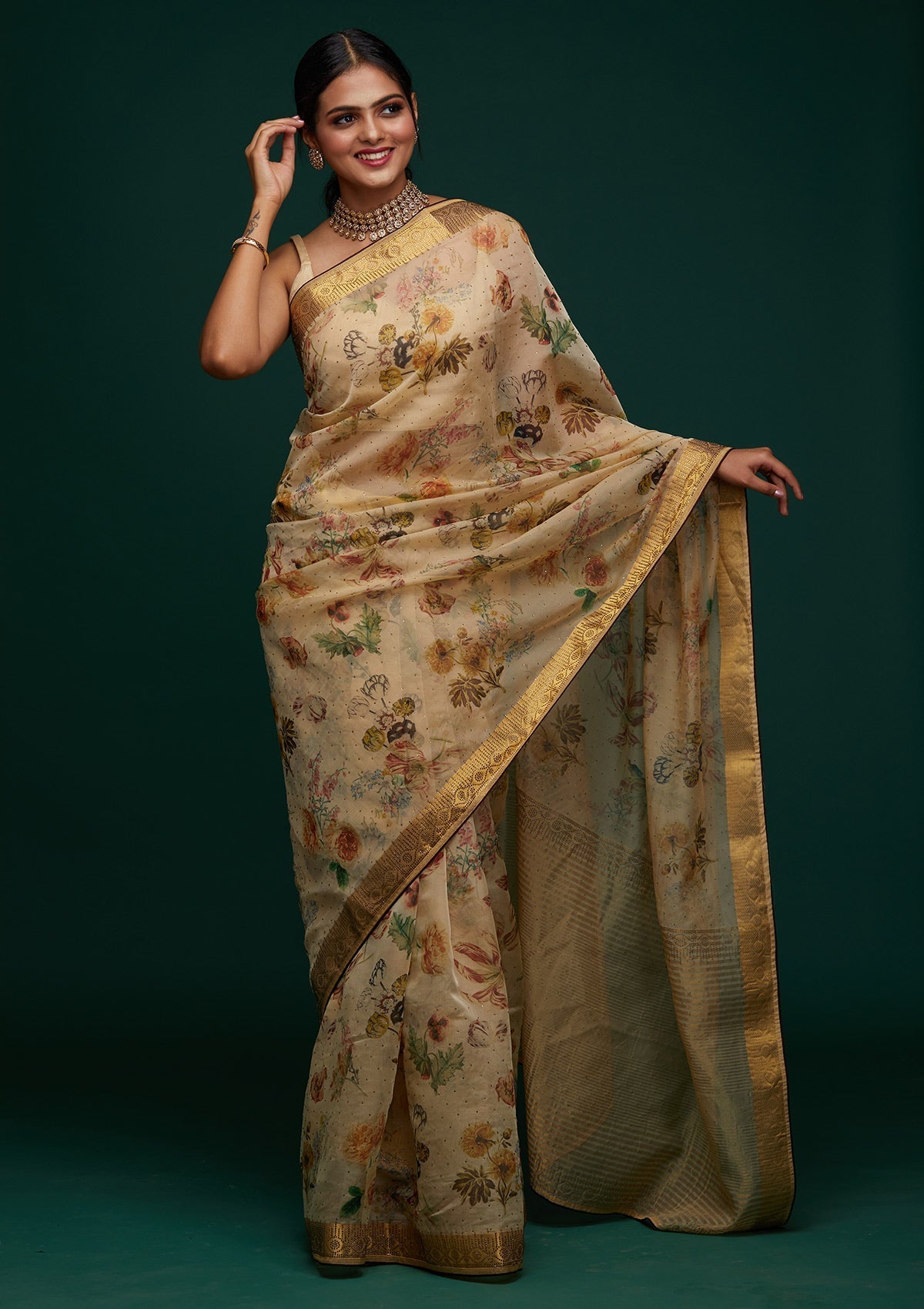 Gold Swarovski Tissue Designer Saree - Koskii