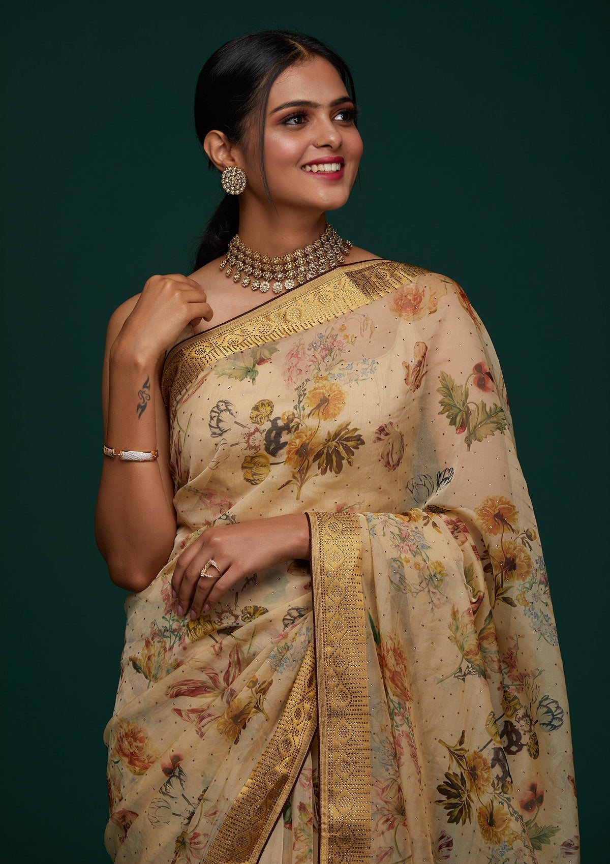 Gold Swarovski Tissue Designer Saree - Koskii