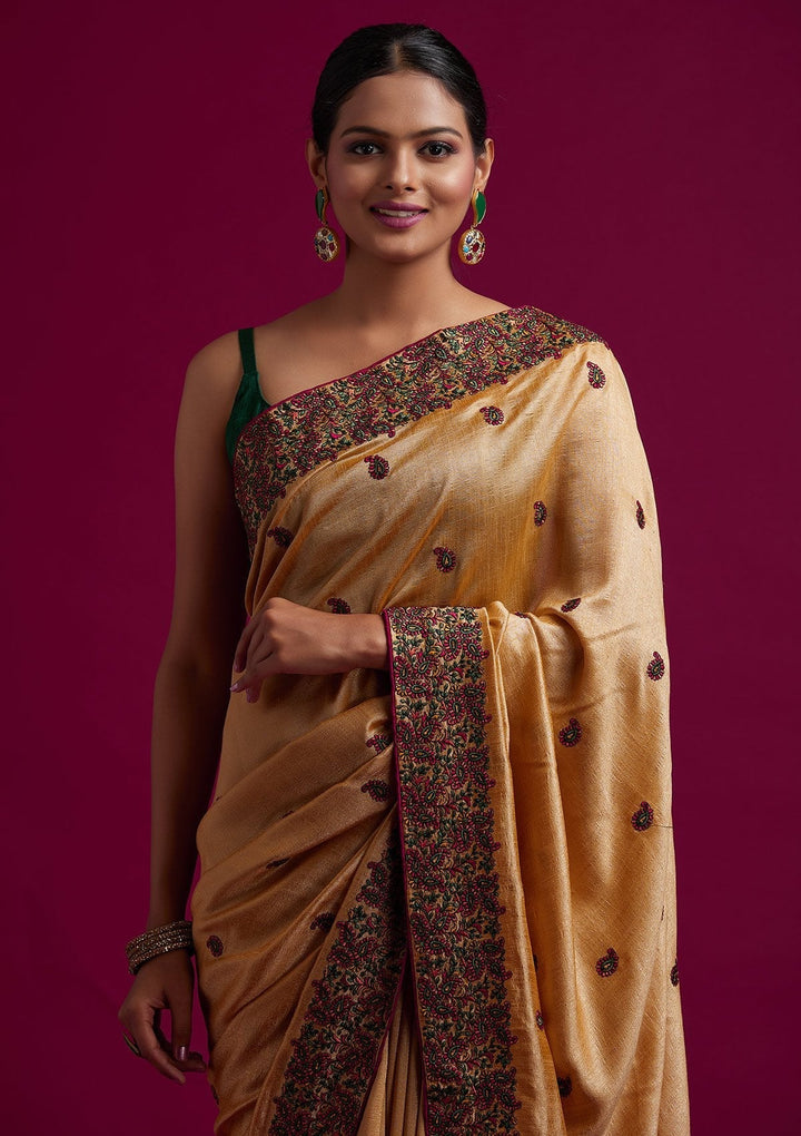 Gold Threadwork Art Silk Designer Saree - koskii