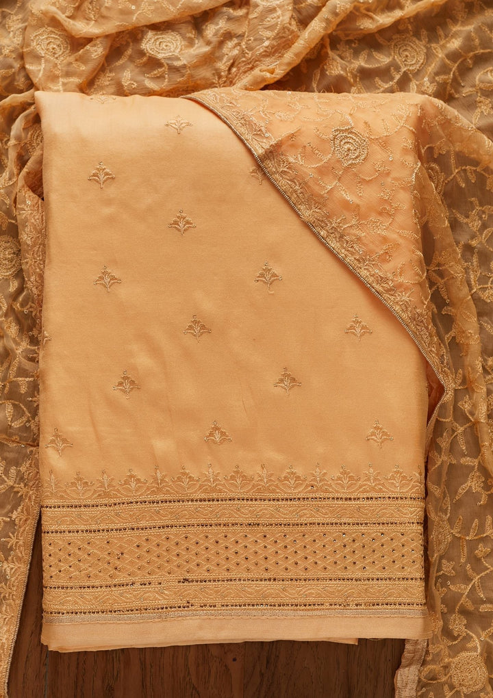 Gold Threadwork Chanderi Designer Unstitched Salwar Suit - koskii