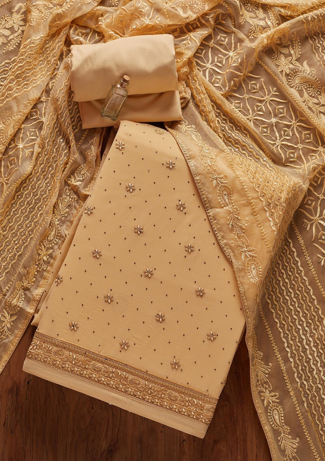 Gold Threadwork Georgette Designer Unstitched Salwar Suit - koskii