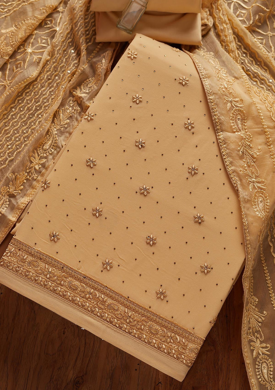 Gold Threadwork Georgette Designer Unstitched Salwar Suit - koskii