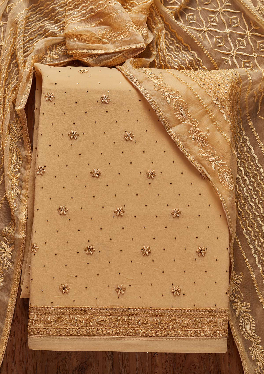 Gold Threadwork Georgette Designer Unstitched Salwar Suit - koskii