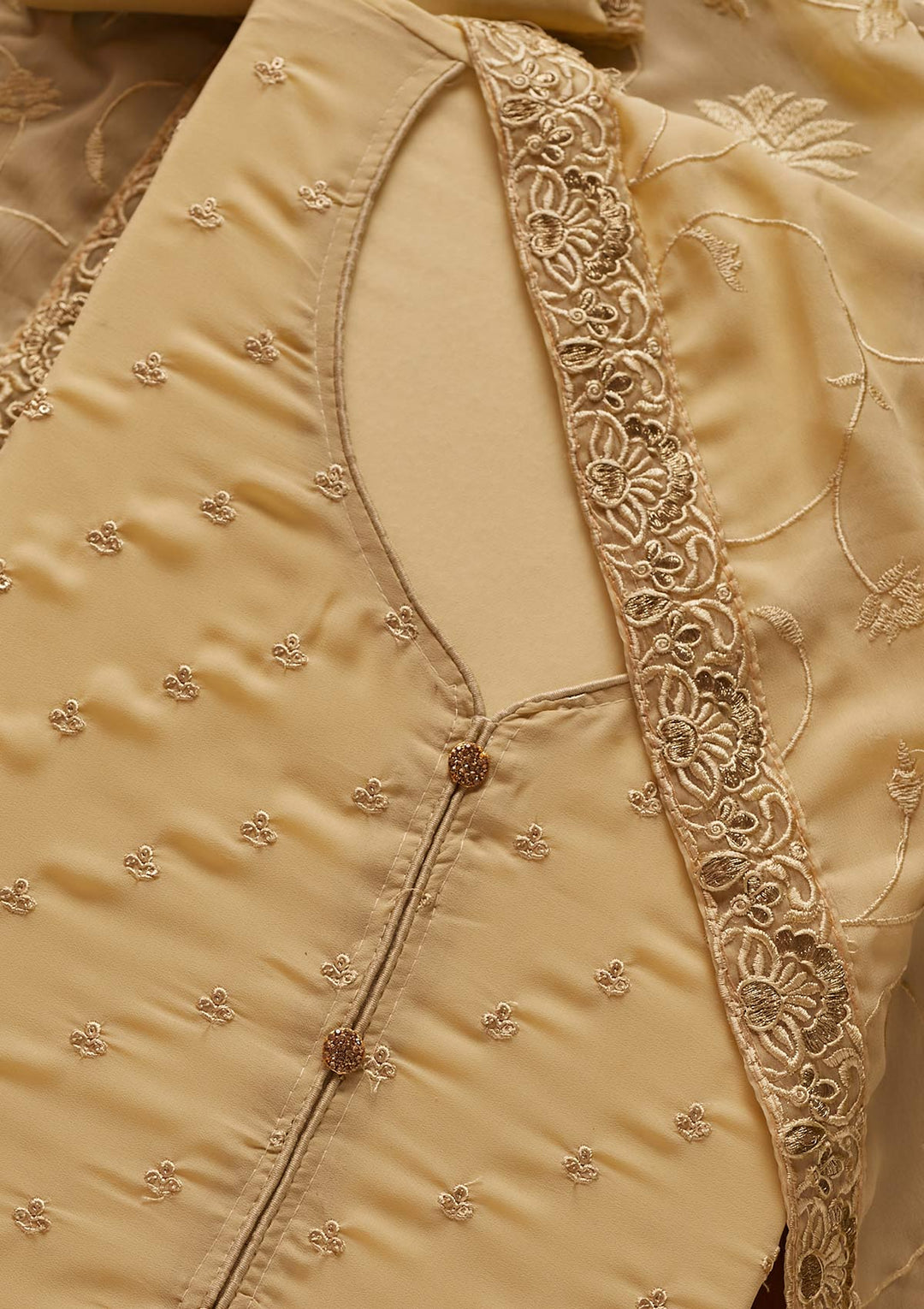 Gold Threadwork Georgette Designer Unstitched Salwar Suit - koskii