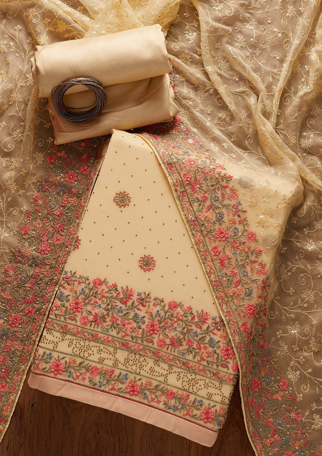 Gold Threadwork Georgette Designer Unstitched Salwar Suit - koskii