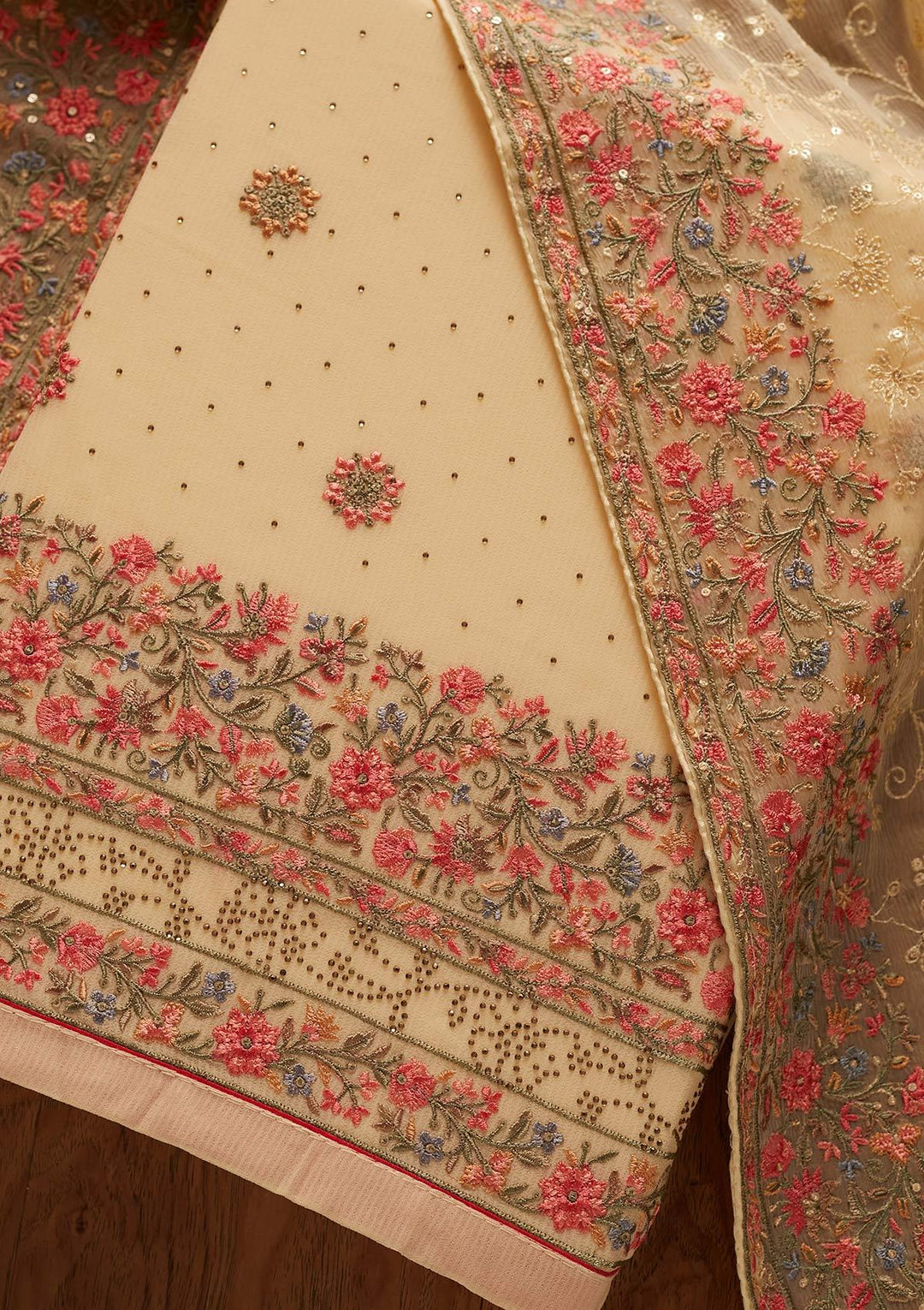 Gold Threadwork Georgette Designer Unstitched Salwar Suit - koskii