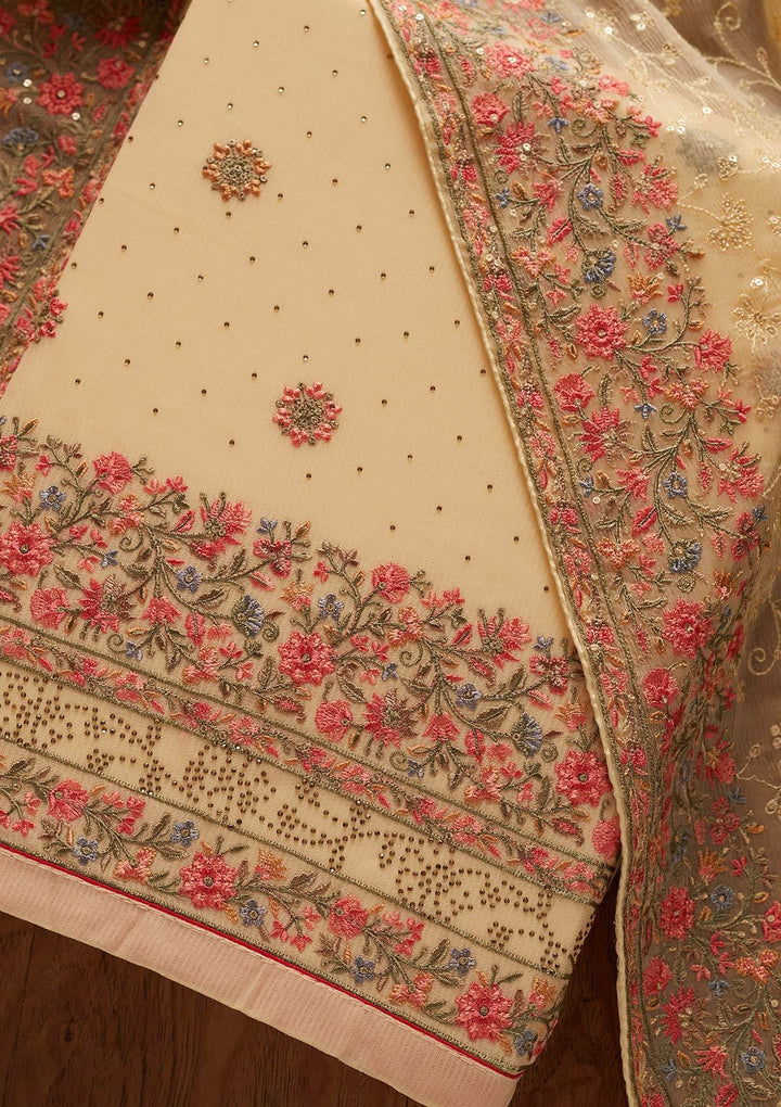 Gold Threadwork Georgette Designer Unstitched Salwar Suit - koskii