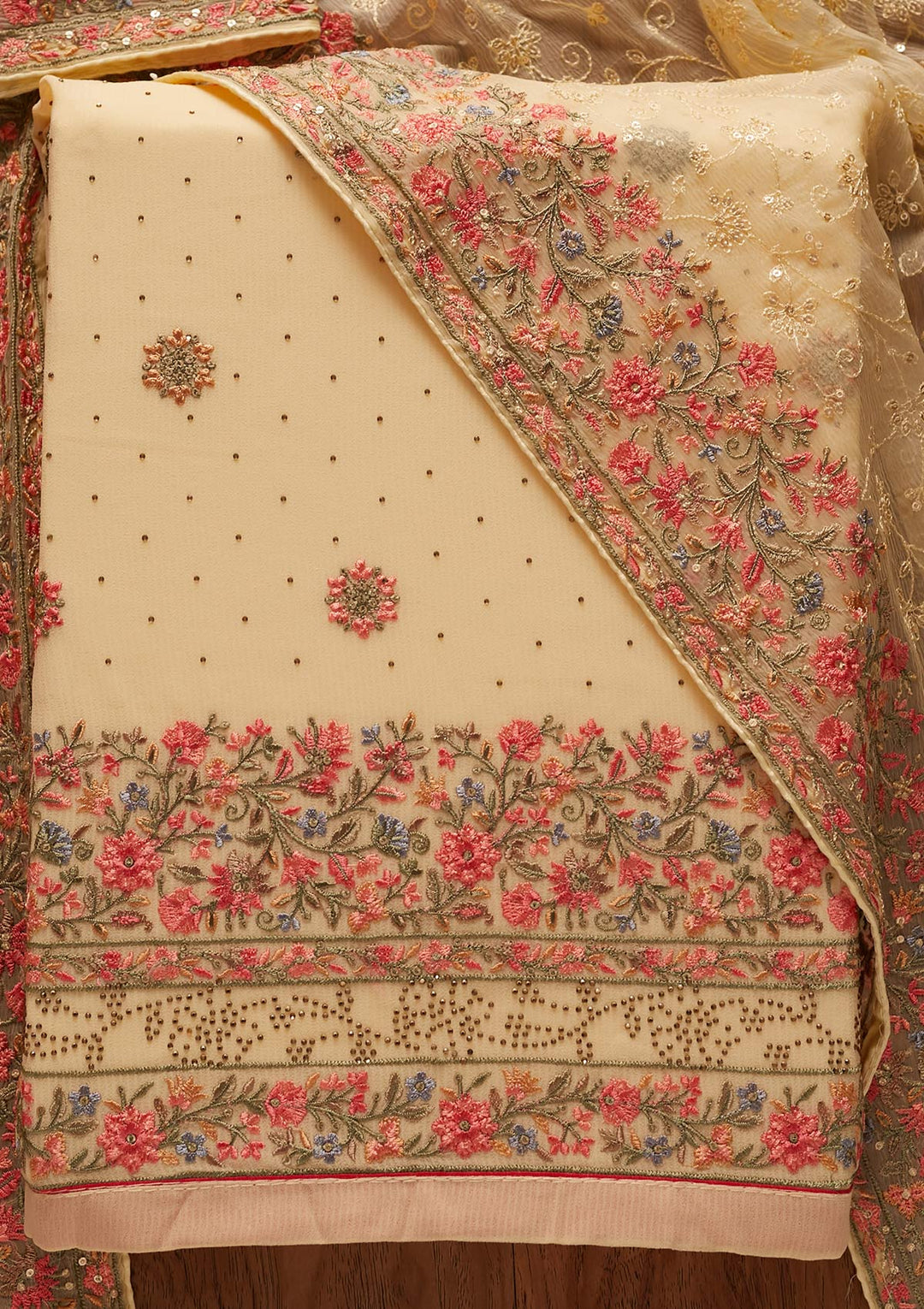 Gold Threadwork Georgette Designer Unstitched Salwar Suit - koskii