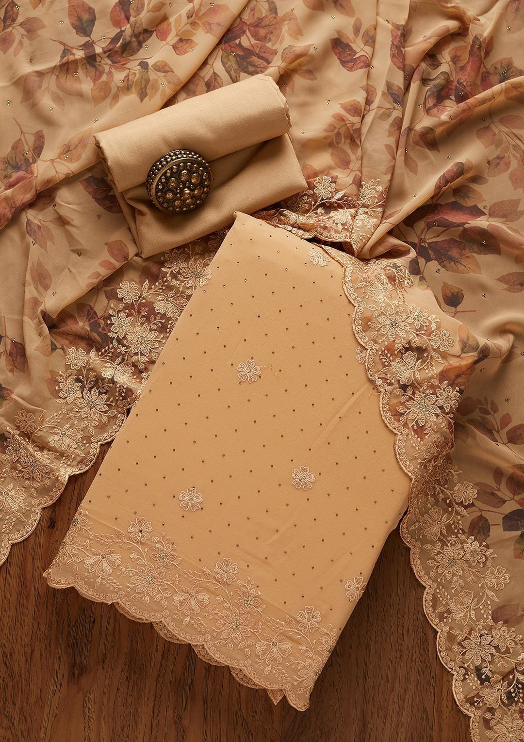 Gold Threadwork Georgette Designer Unstitched Salwar Suit - koskii