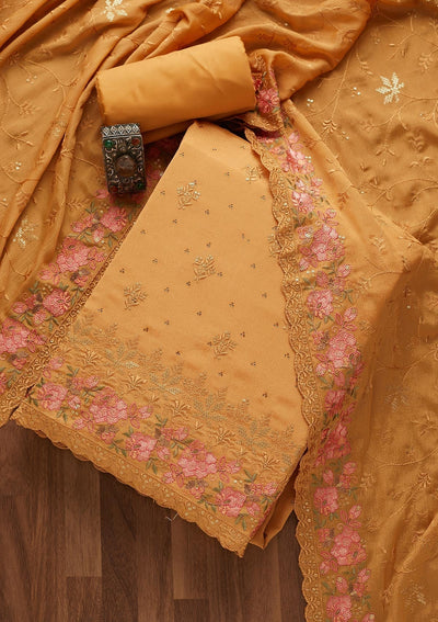 Gold Threadwork Georgette Unstitched Salwar Suit-Koskii