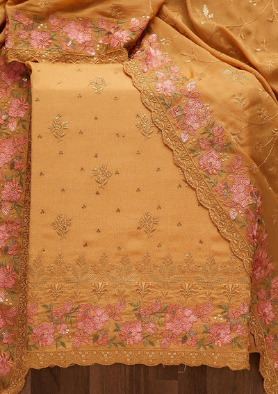 Gold Threadwork Georgette Unstitched Salwar Suit-Koskii