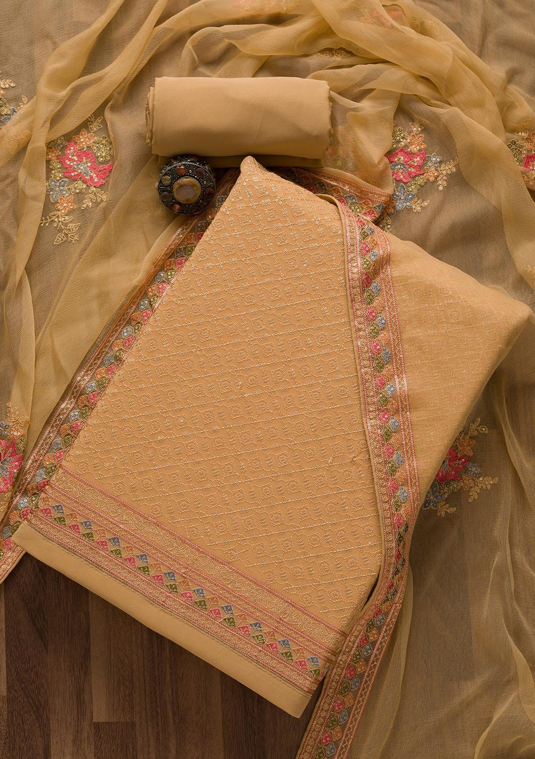 Gold Threadwork Georgette Unstitched Salwar Suit-Koskii