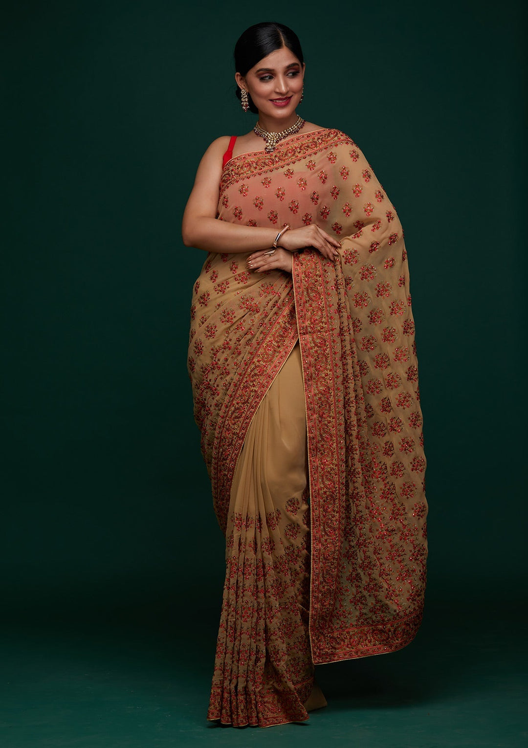 Gold Threadwork Georgette Designer Saree - Koskii