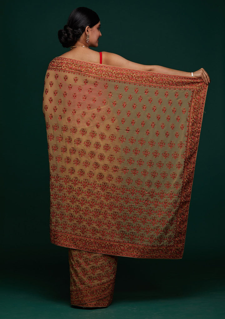 Gold Threadwork Georgette Designer Saree - Koskii