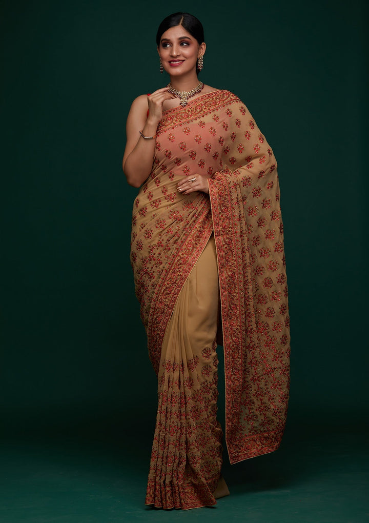 Gold Threadwork Georgette Designer Saree - Koskii
