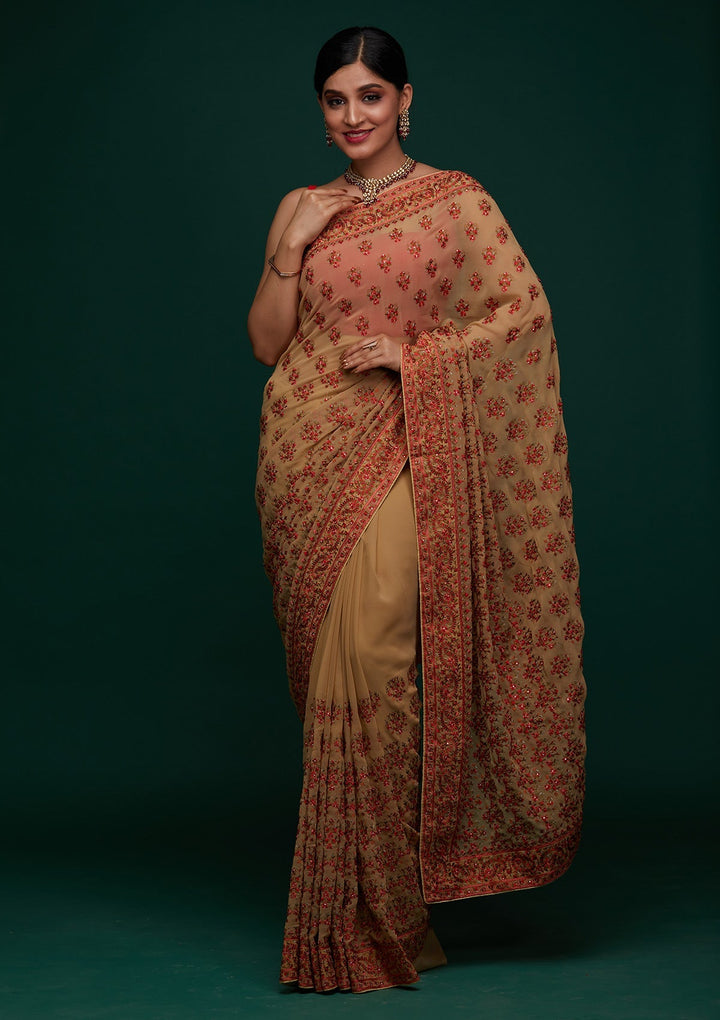 Gold Threadwork Georgette Designer Saree - Koskii