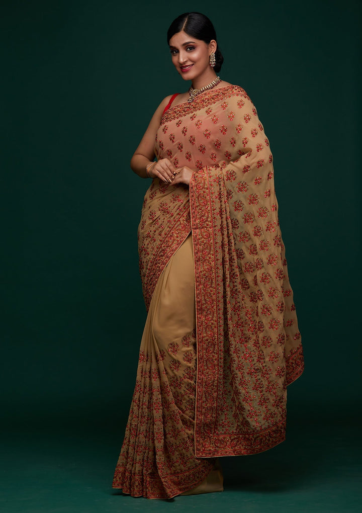 Gold Threadwork Georgette Designer Saree - Koskii