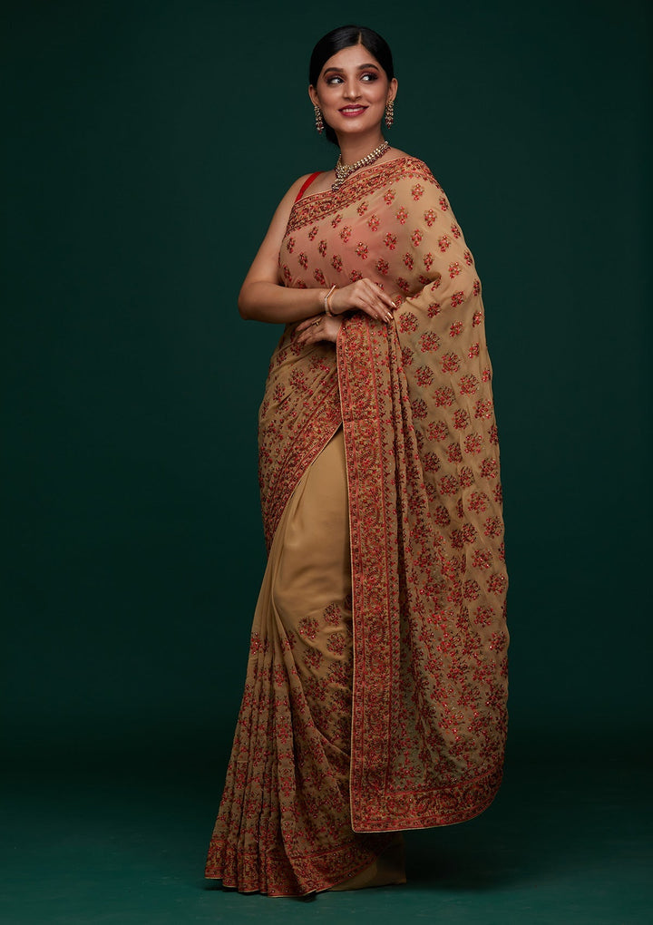 Gold Threadwork Georgette Designer Saree - Koskii