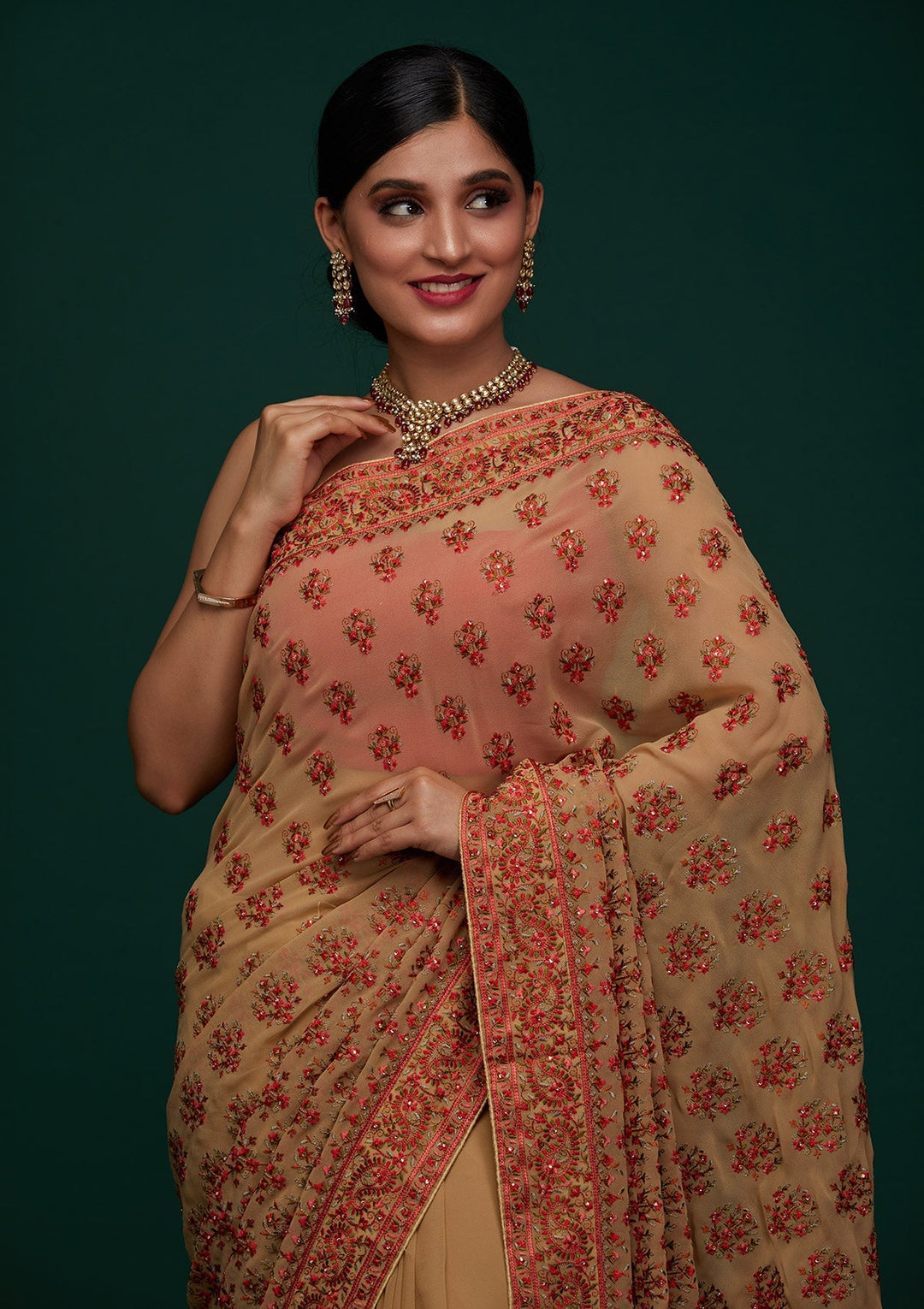 Gold Threadwork Georgette Designer Saree - Koskii