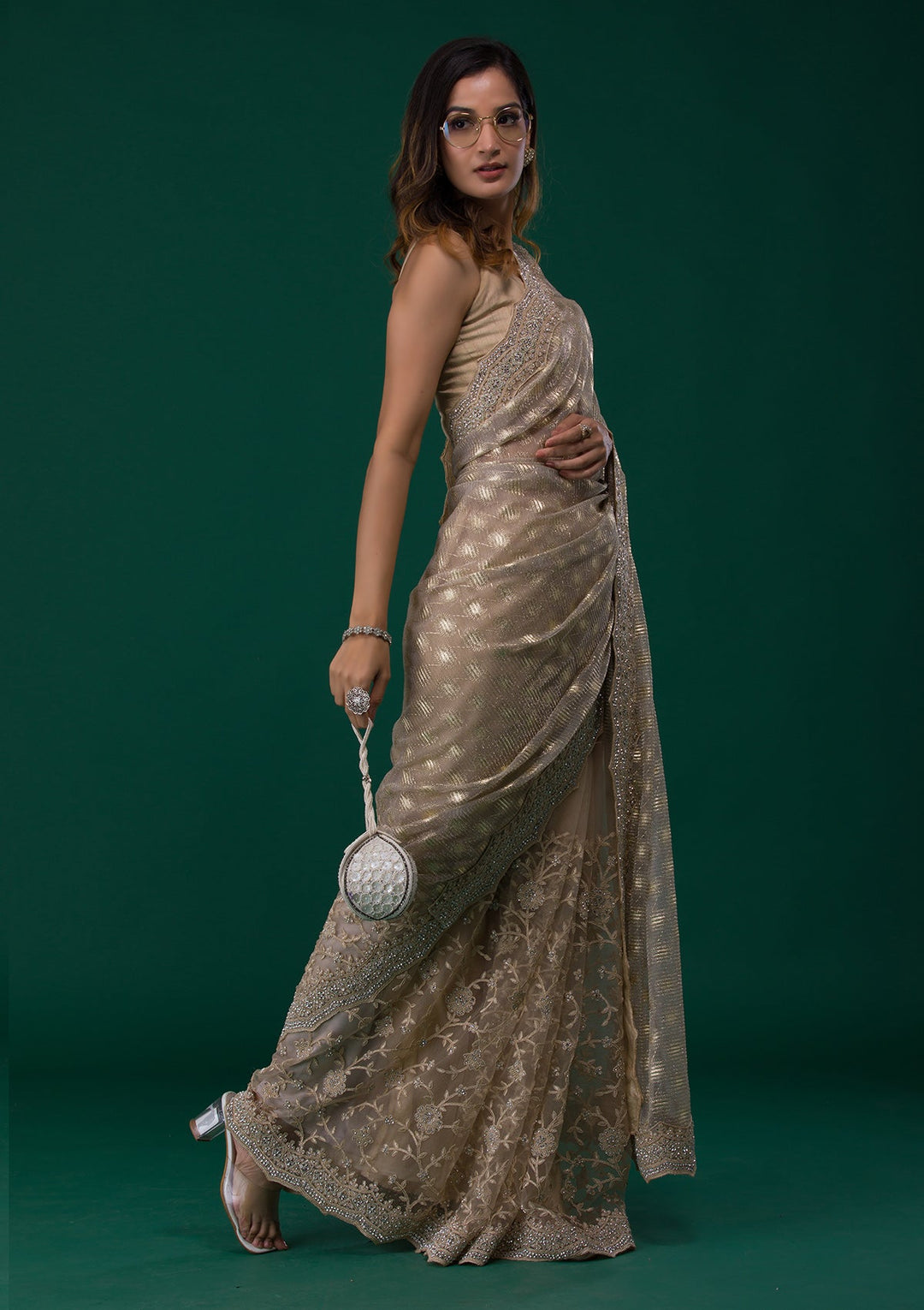 Gold Threadwork Net Saree-Koskii