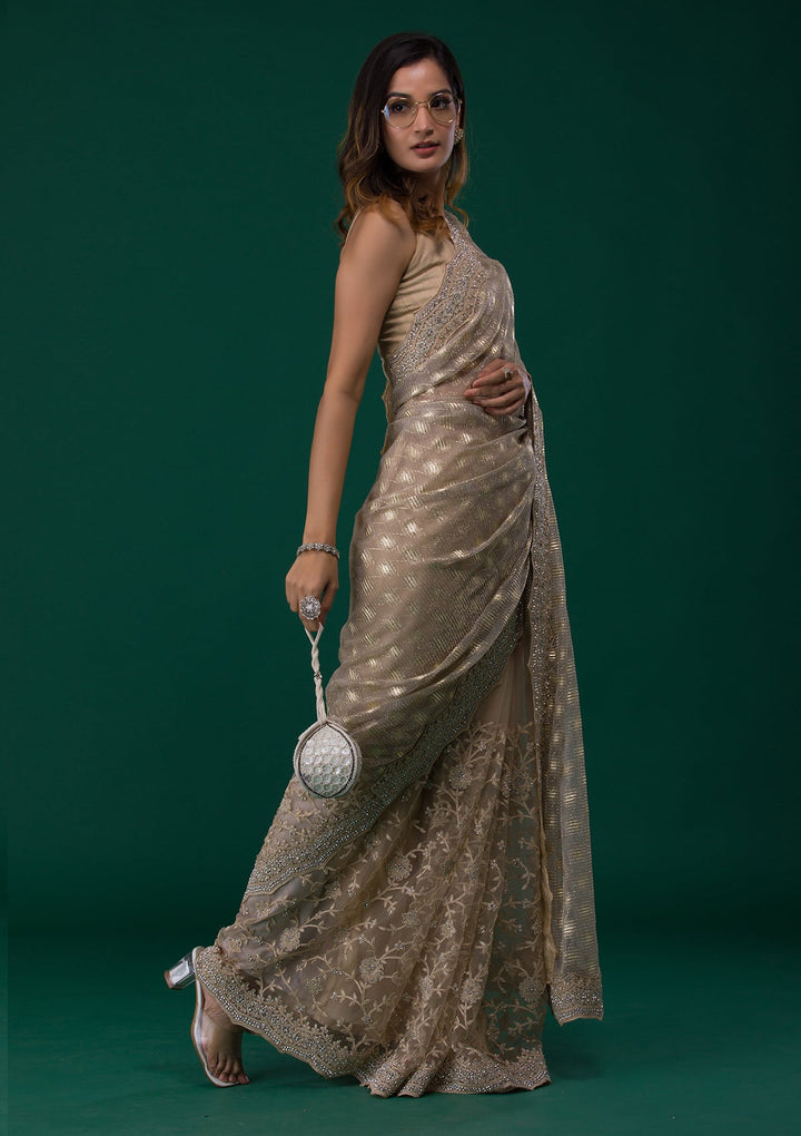 Gold Threadwork Net Saree-Koskii