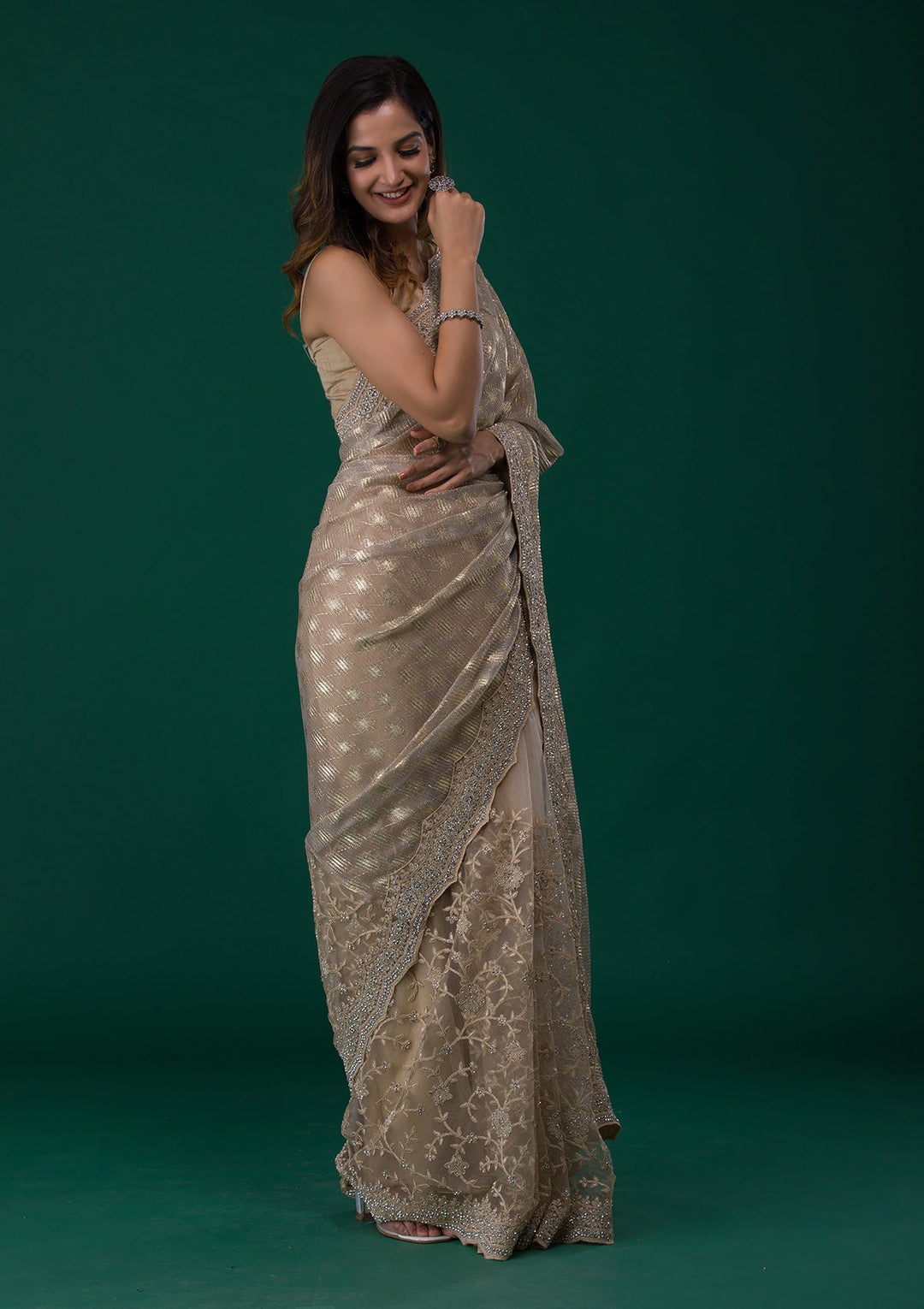 Gold Threadwork Net Saree-Koskii