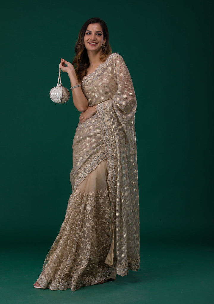 Gold Threadwork Net Saree-Koskii