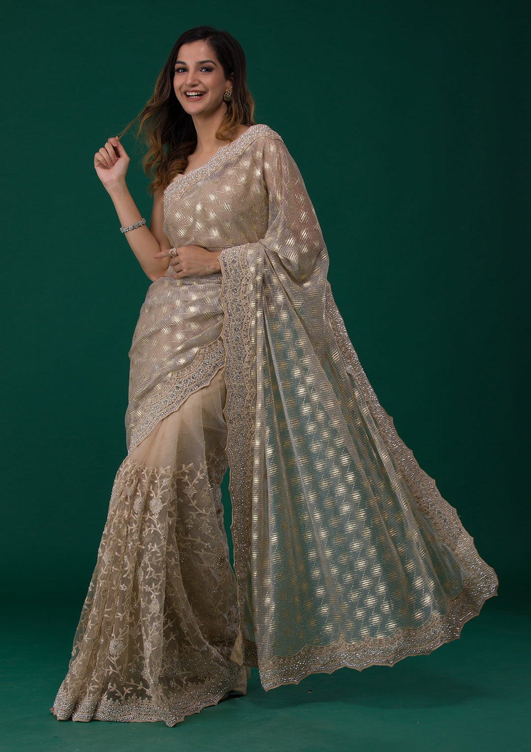 Gold Threadwork Net Saree-Koskii