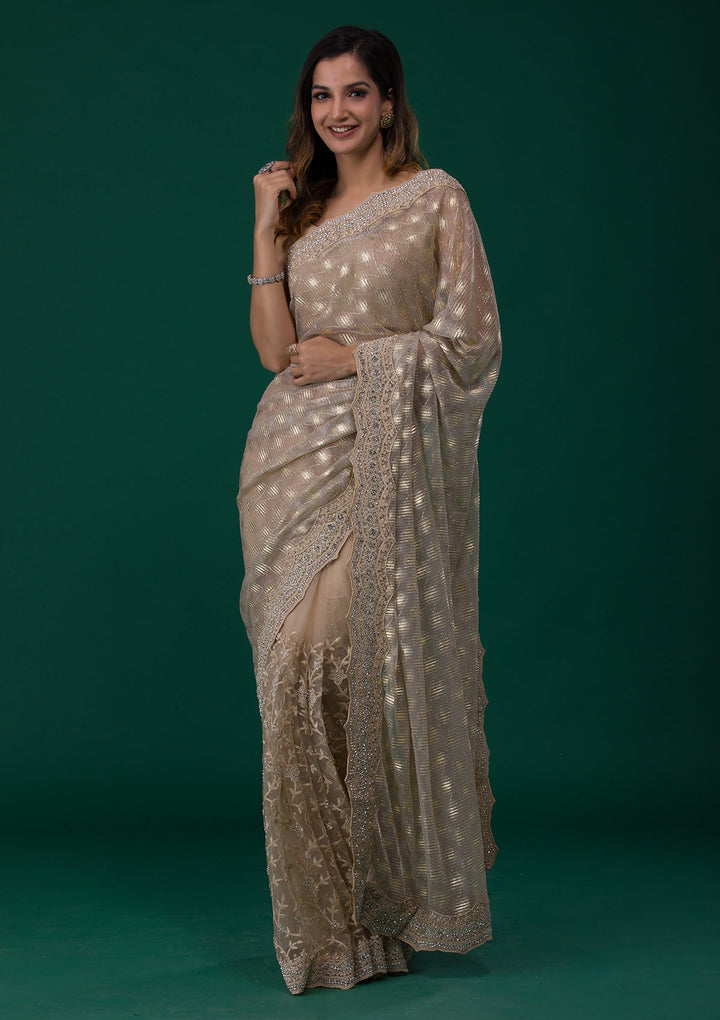 Gold Threadwork Net Saree-Koskii