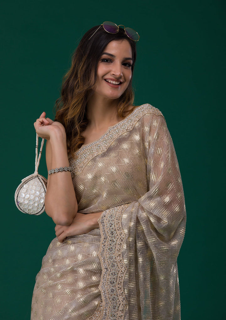 Gold Threadwork Net Saree-Koskii