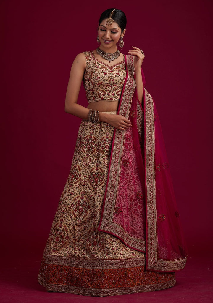 Gold Threadwork Raw Silk Designer Semi-Stitched Lehenga - koskii