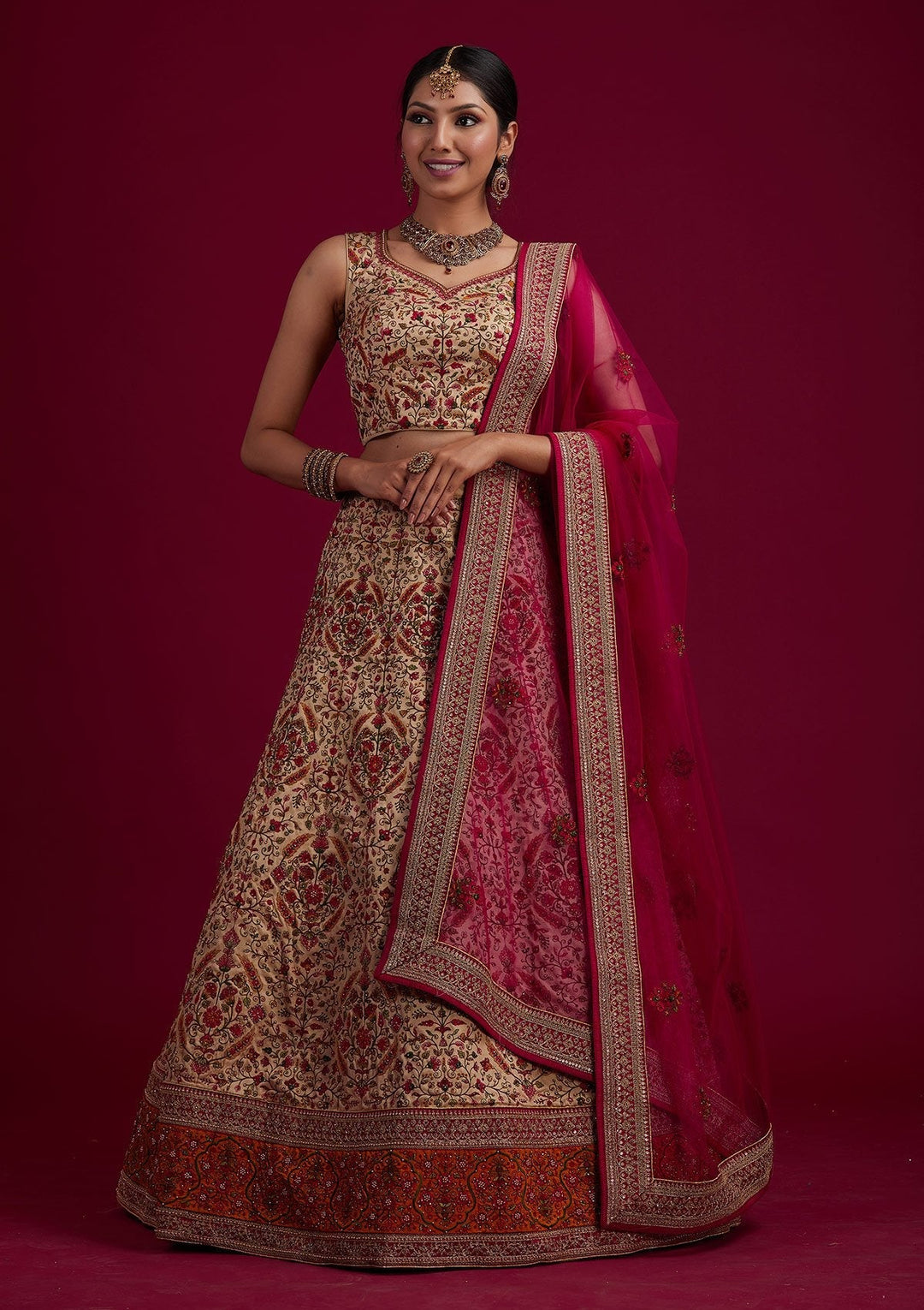 Gold Threadwork Raw Silk Designer Semi-Stitched Lehenga - koskii