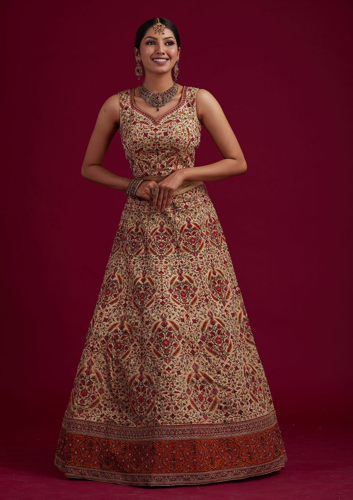 Gold Threadwork Raw Silk Designer Semi-Stitched Lehenga - koskii