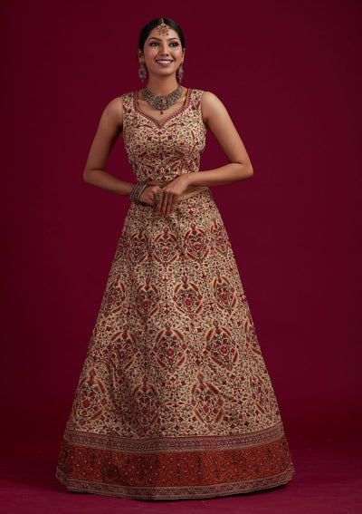 Gold Threadwork Raw Silk Designer Semi-Stitched Lehenga - koskii