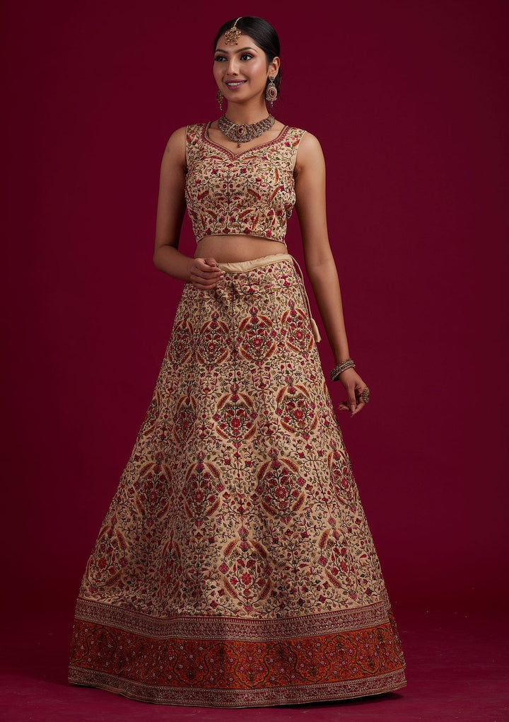 Gold Threadwork Raw Silk Designer Semi-Stitched Lehenga - koskii