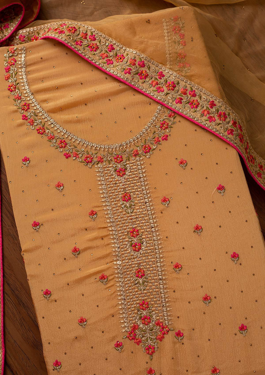 Gold Threadwork Semi Crepe Designer Unstitched Salwar Suit - koskii