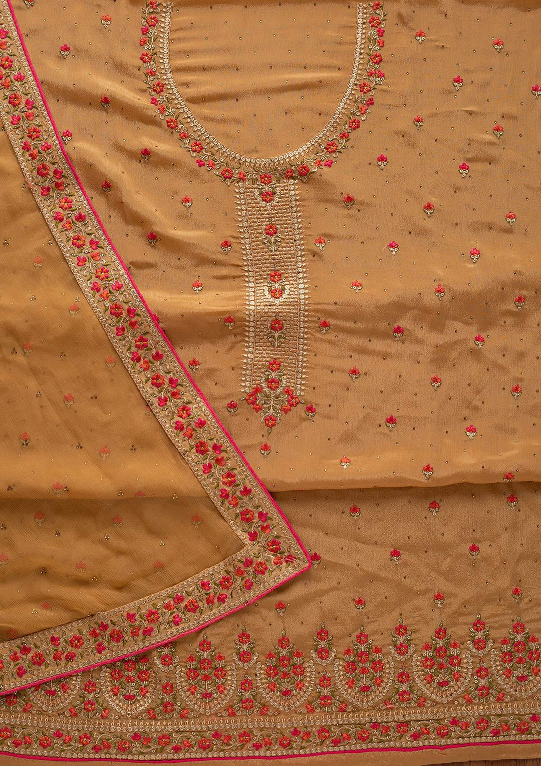 Gold Threadwork Semi Crepe Designer Unstitched Salwar Suit - koskii