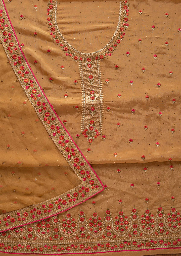 Gold Threadwork Semi Crepe Designer Unstitched Salwar Suit - koskii