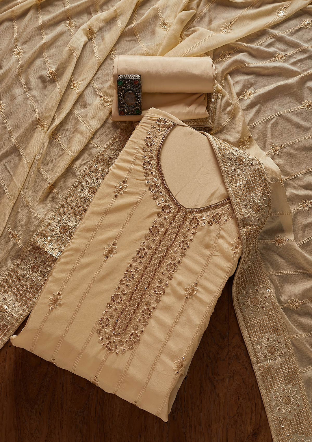 Gold Threadwork Semi Crepe Designer Unstitched Salwar Suit - koskii